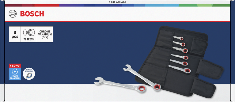 مجموعة مفاتيح ربط Bosch ذات السقاطة 8-19 مم، 8 قطع مع عزم دوران +50%.